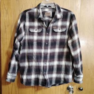 Orvis Sz XL Flannel Shacket Shirt Plaid Brown Black Button Front Cotton